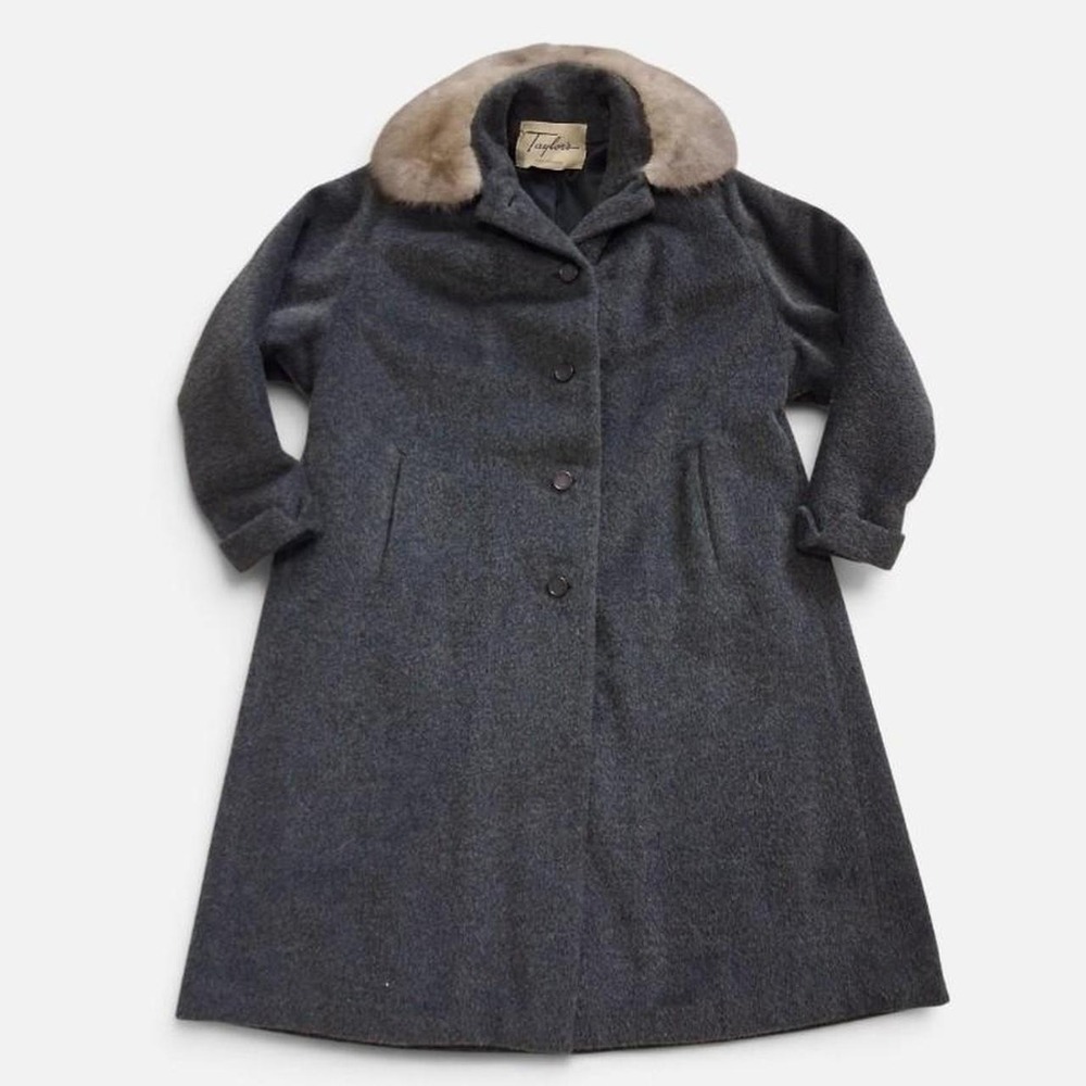 Vintage 50s 60s Luxury Charcoal Gray Wool Genuine Mink Fur Collar Overcoat M L - Picture 8 of 8